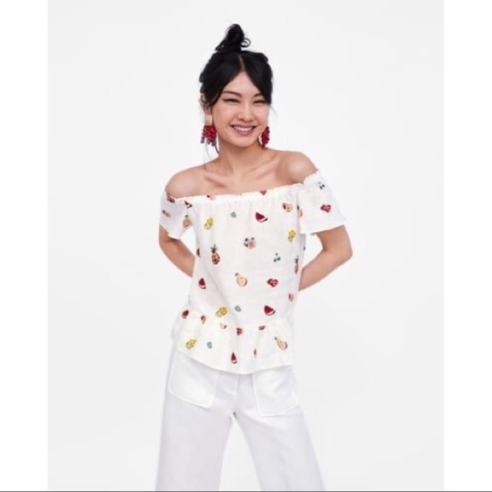 Zara Basic 100% Linen Fruit Print Off The Shoulder Top S - Picture 2 of 8